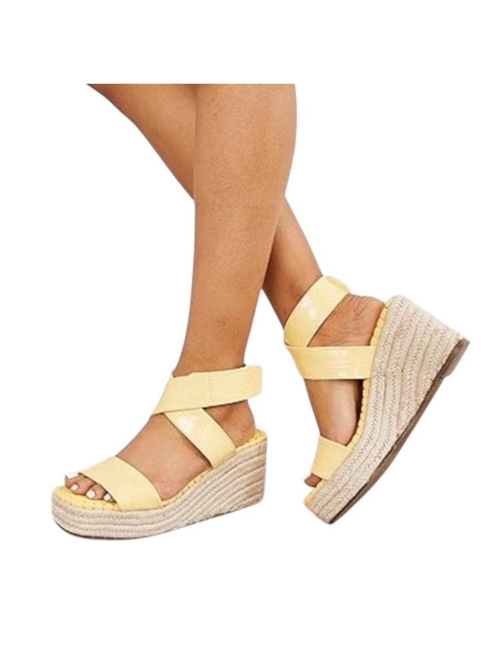 Coutgo Cross Strap Espadrille Reptile Wedge Platform Pastel Yellow Sandal